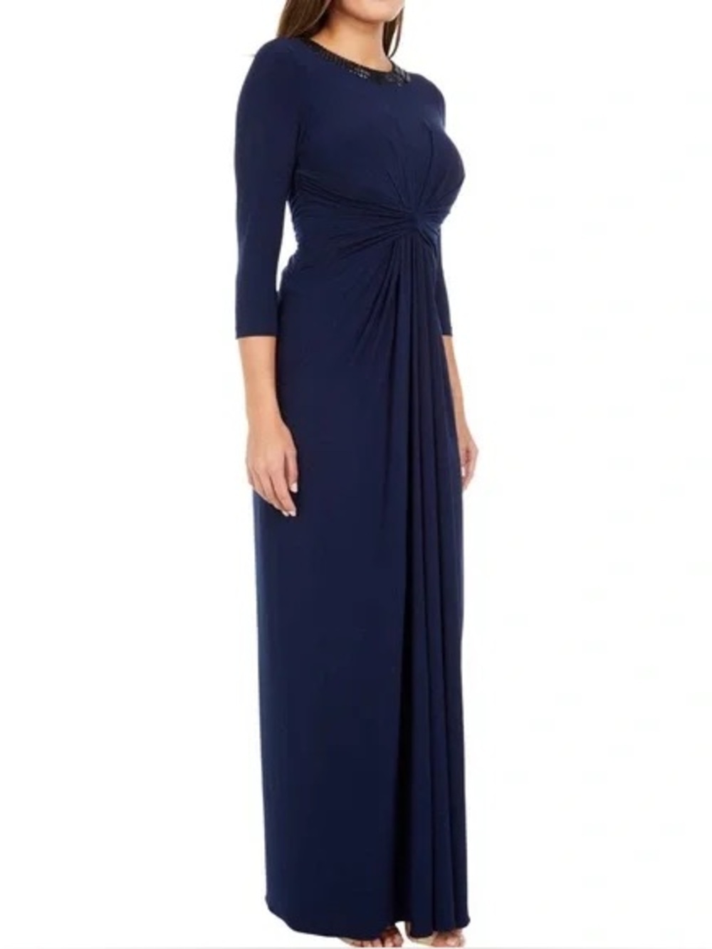 Adrianna Papell Navy Beaded Embellished Neck Gown Twist Waist Keyhole Back 14 - Picture 9 of 16